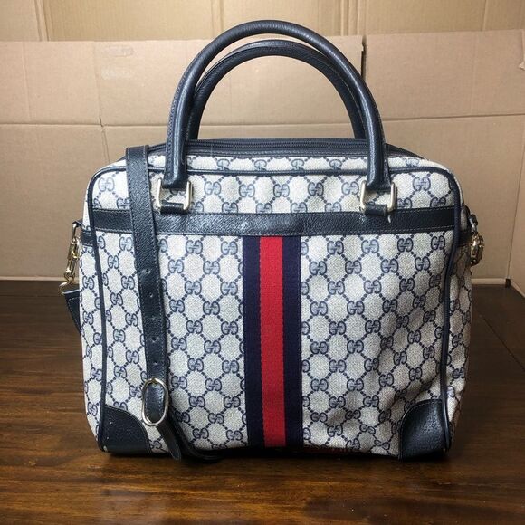 GUCCI GG Supreme Navy Leather Ophidia Sherry Line Coated Canvas Travel Work Bag - Picture 3 of 17